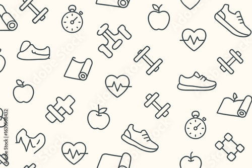 Fitness and health icons represent an active lifestyle and wellness journey with various elements on a light background