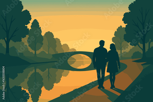 Couple walking along a serene riverside path at sunset with a picturesque bridge in the background
