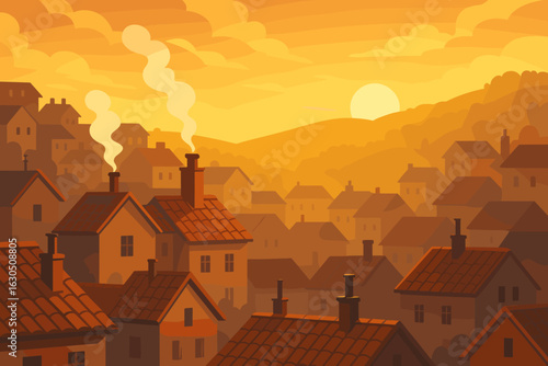 Warm sunset over cozy village rooftops with smoke wafting from chimneys in rolling hills