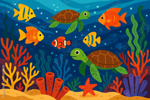 Colorful underwater coral reef with turtles and tropical fish swimming gracefully in vibrant ocean scenery