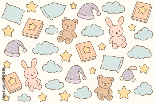 Cute pastel nursery pattern featuring stuffed animals, pillows, books, and clouds in a whimsical design perfect for children's rooms