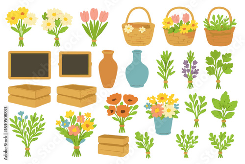 Colorful floral arrangements and decorative items for a spring market display in a vibrant setting