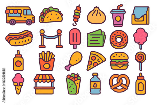 Colorful illustrations of various street food items and snacks from different stalls during a lively fair in summer