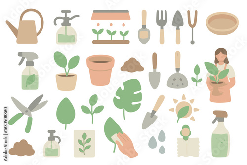 Gardening tools and materials arranged creatively on a light background showcasing the process of plant care and growth