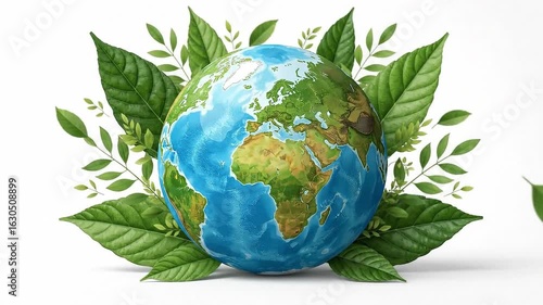 Earth globe surrounded by green leaves on white backdrop