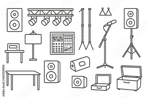 Equipment layout for audio and lighting setup in a performance venue or studio space for an event