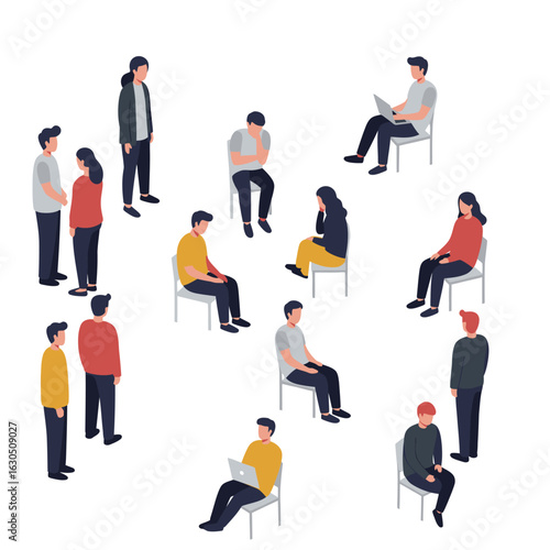 Diverse Young Adults Meeting, Isometric Illustration