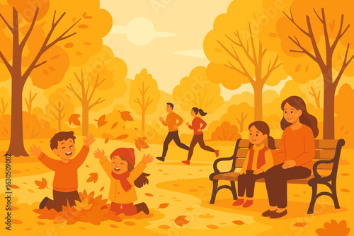 Children play joyfully in autumn leaves while adults enjoy a peaceful park stroll on a sunny day