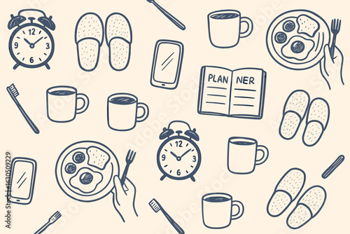 Morning routine essentials including breakfast, planning, and daily preparation items laid out aesthetically
