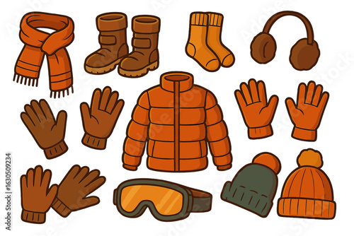 Warm winter clothing accessories include jackets, gloves, hats, and boots arranged in an artistic layout for chilly weather