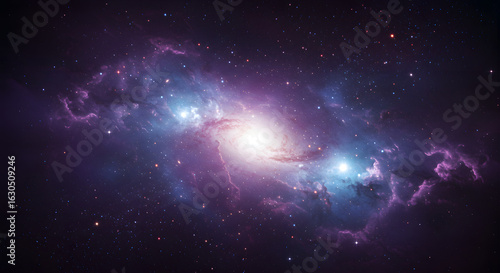 Nebulosa roxa e azul, galáxia distante e universo profundo