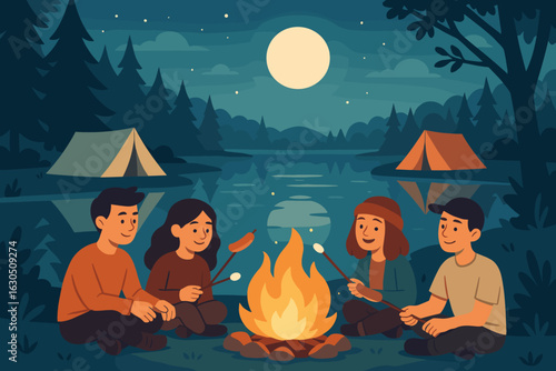 Friends enjoy a campfire by the lake under a full moon with tents in the background during a summer night