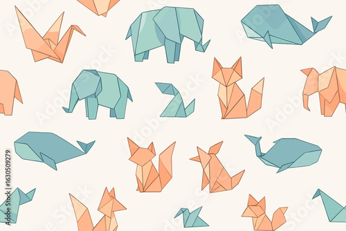 Colorful origami animals create a whimsical pattern in pastel shades on a light background showcasing creativity and craftsmanship
