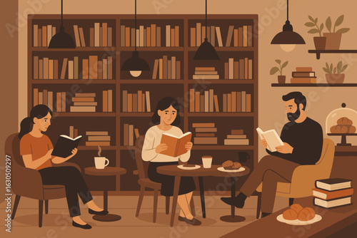 Cozy reading corner in a cafe with three people enjoying books and pastries in warm lighting