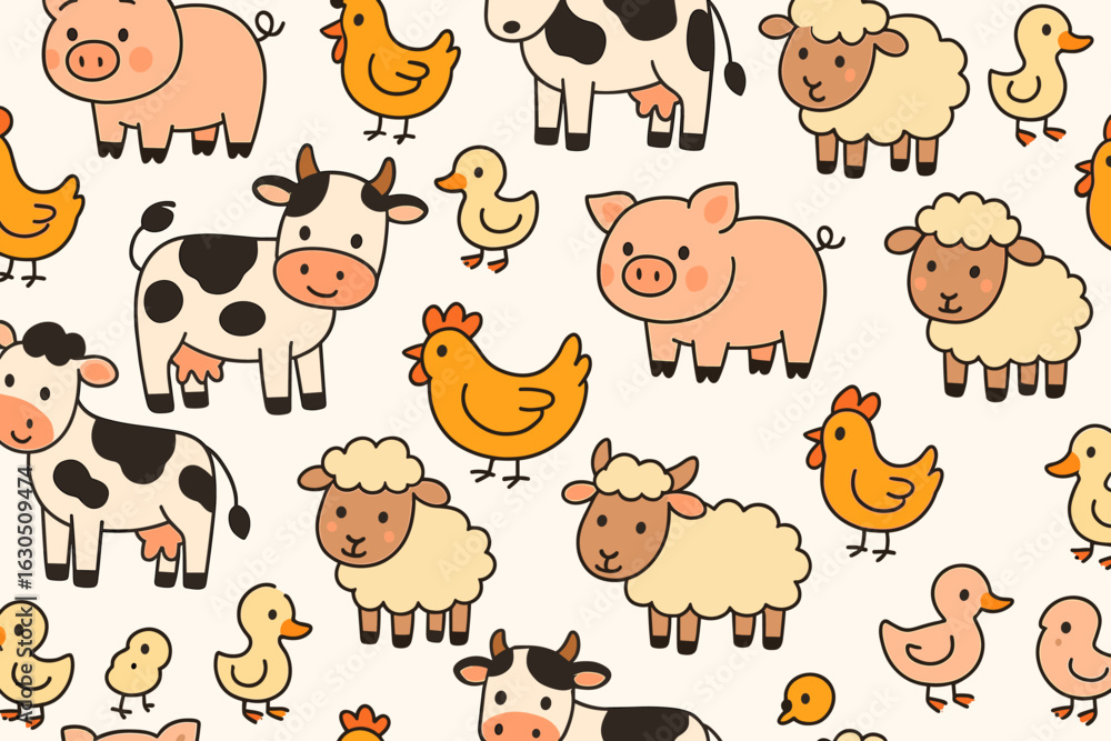 Cute cartoon farm animals including cows, pigs, chickens, ducks, and sheep in playful arrangement on a light background Cute cartoon farm animals including cows, pigs, chickens, ducks, and sheep in playful arrangement on a light background