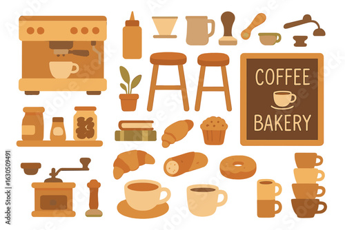 Coffee and bakery items displayed in warm colors in a cozy cafe setting with a coffee machine and pastry representation