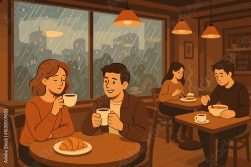 Friends enjoy warm beverages and pastries in cozy cafe during a rainy evening