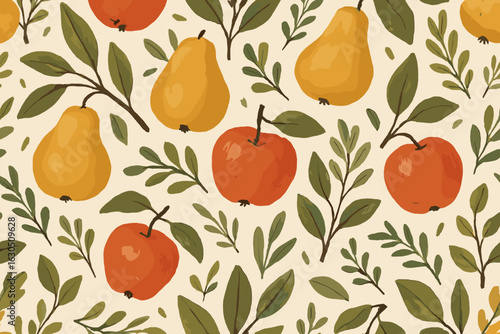 Vibrant fruit and leaf pattern showcasing apples and pears with delicate foliage on a light background