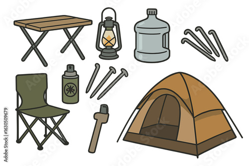 Camping gear layout featuring various essential items for outdoor adventures
