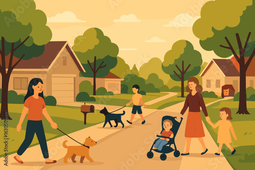 Families enjoying a sunny afternoon stroll in a friendly neighborhood