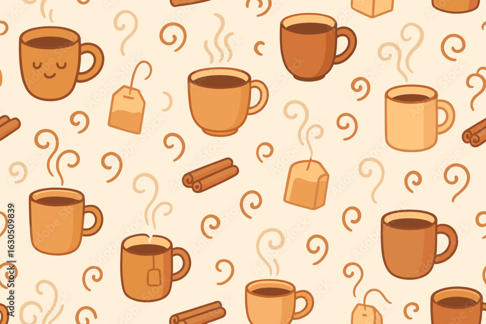 Obraz premium Warm and inviting design featuring mugs, tea bags, and cinnamon on a beige background
