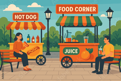 Vibrant food corner with hot dog and juice stalls in a sunny park setting during the afternoon