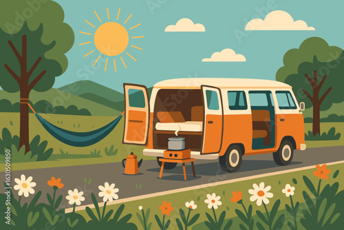 Relaxing camping trip with a vintage van and hammock in a scenic landscape on a sunny day