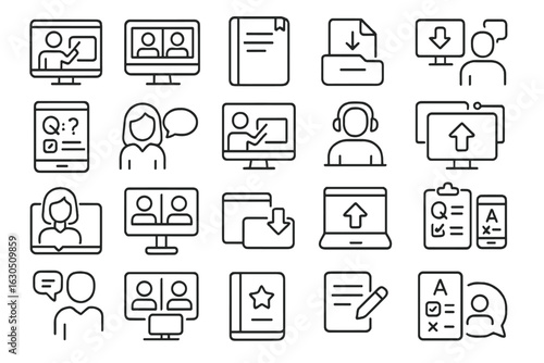 Collection of icons representing online learning, communication tools, and digital resources in a modern educational environment