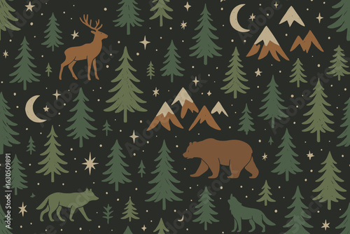 Wildlife patterns showcasing deer, bear, and wolf among pine trees and mountains at night in a forest design