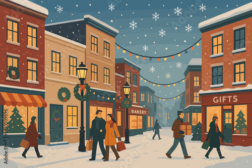 Winter evening stroll through a festive town square adorned with holiday decorations and lights