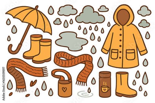 Rainy day essentials including umbrella, raincoat, and boots for wet weather adventures