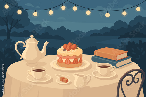 Elegant outdoor dessert table set up for an evening gathering under string lights with cake, tea, and books