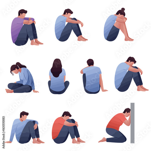 Sad People Sitting Alone: Diverse Poses, Flat Design