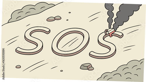 Distressed sos signal with smoke on sandy terrain in a cartoon style illustration visible here