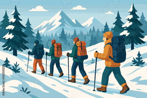 Hikers trekking through snowy mountains surrounded by evergreen trees on a sunny day