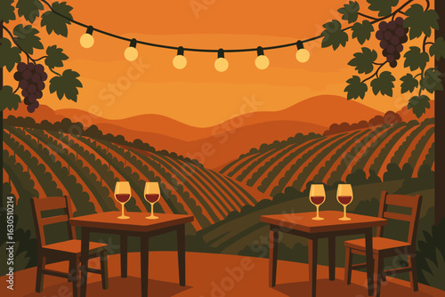 Sunset vineyard setting with wooden tables and glowing lights in a tranquil landscape