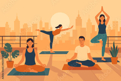 Outdoor yoga practice with city skyline at sunset featuring diverse individuals engaging in different poses