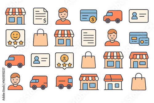 Icons representing shopping, customer service, and transactions in a digital marketplace setting