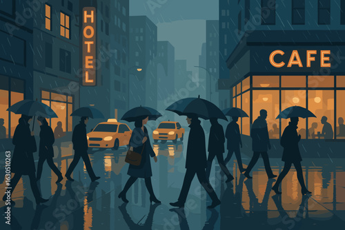 Rain-soaked city street bustling with umbrellas near a hotel and cafe during evening hours