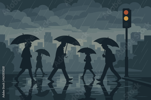 People with umbrellas walking in the rain near a traffic light in a city during overcast weather