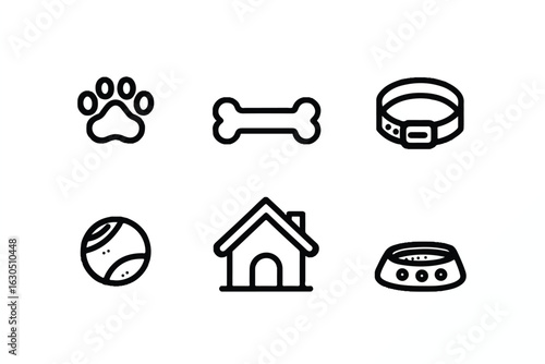 Minimalist dog icon set featuring paw print bone collar ball house and food bowl in black outline vector illustration