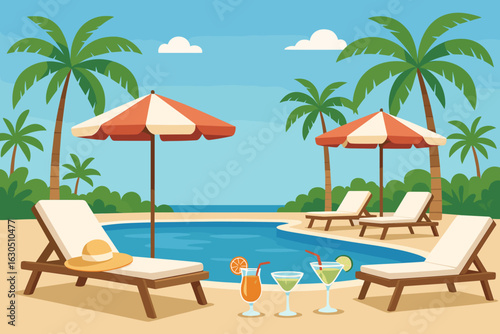 Relaxing by the poolside at a tropical resort with cocktails and sun loungers in summertime
