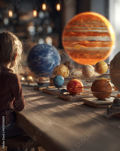 Girl Observing Solar System Models in Cozy Interior Setting