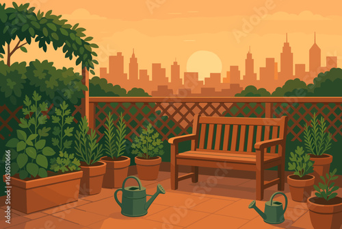Sunset view from a cozy terrace with plants overlooking a city skyline