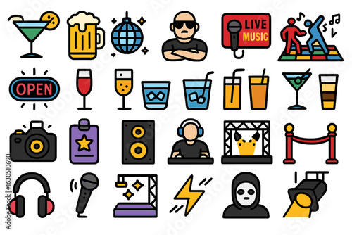 Colorful icons representing nightlife activities such as drinks, live music, and entertainment venues