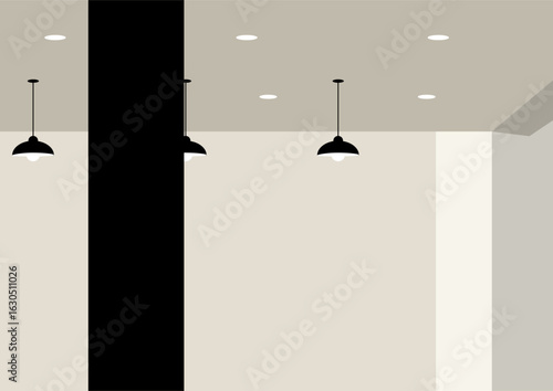 Flat interior design of a business office room with hanging lamps and recessed lights. Empty space for text or product display.