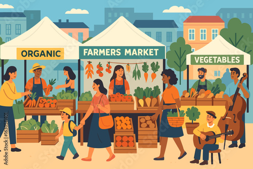 Vibrant community farmers market featuring organic produce and local shoppers enjoying a sunny day in the city