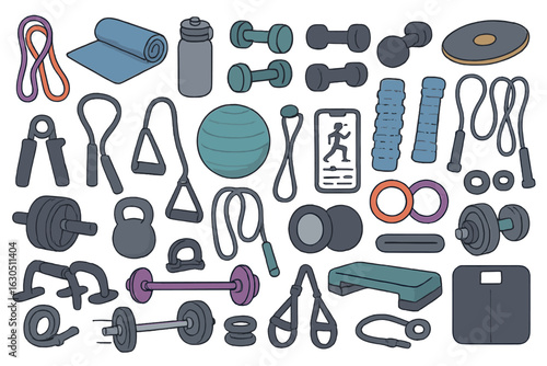 Variety of fitness equipment arranged on a flat surface for an effective workout and home exercise routine