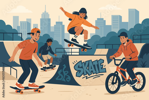 Young skaters perform tricks and enjoy biking at a vibrant urban skate park during a sunny afternoon in the city