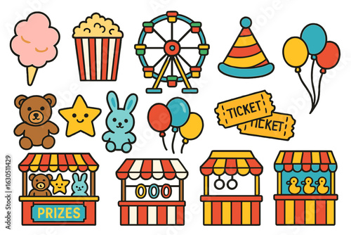 Colorful carnival attractions and prizes featuring cotton candy, popcorn, and games at a summer fair